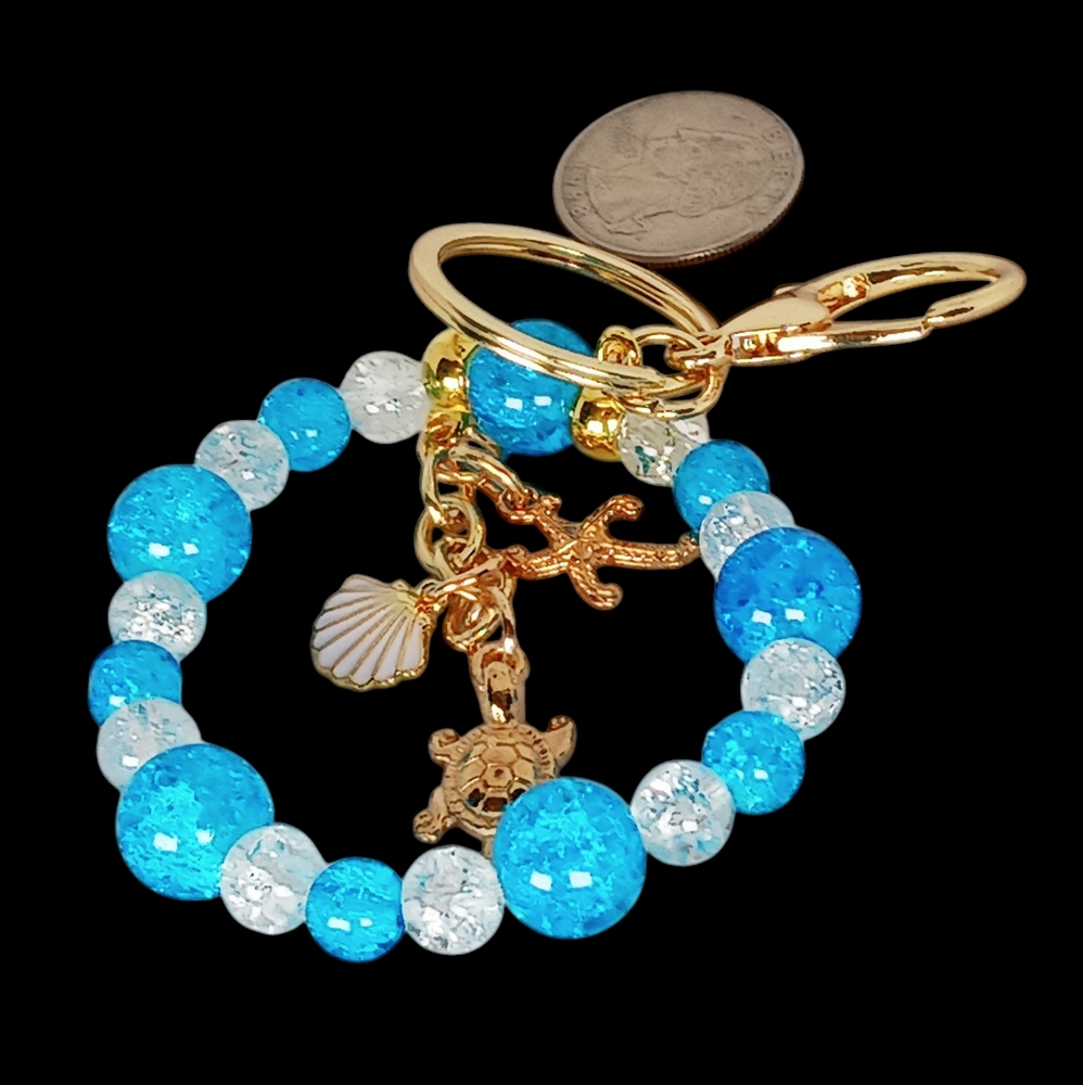 Beaded Bag Key Charm Blue White Gold Sea Turtle Shell Starfish Y2K Mermaidcore - Picture 4 of 12